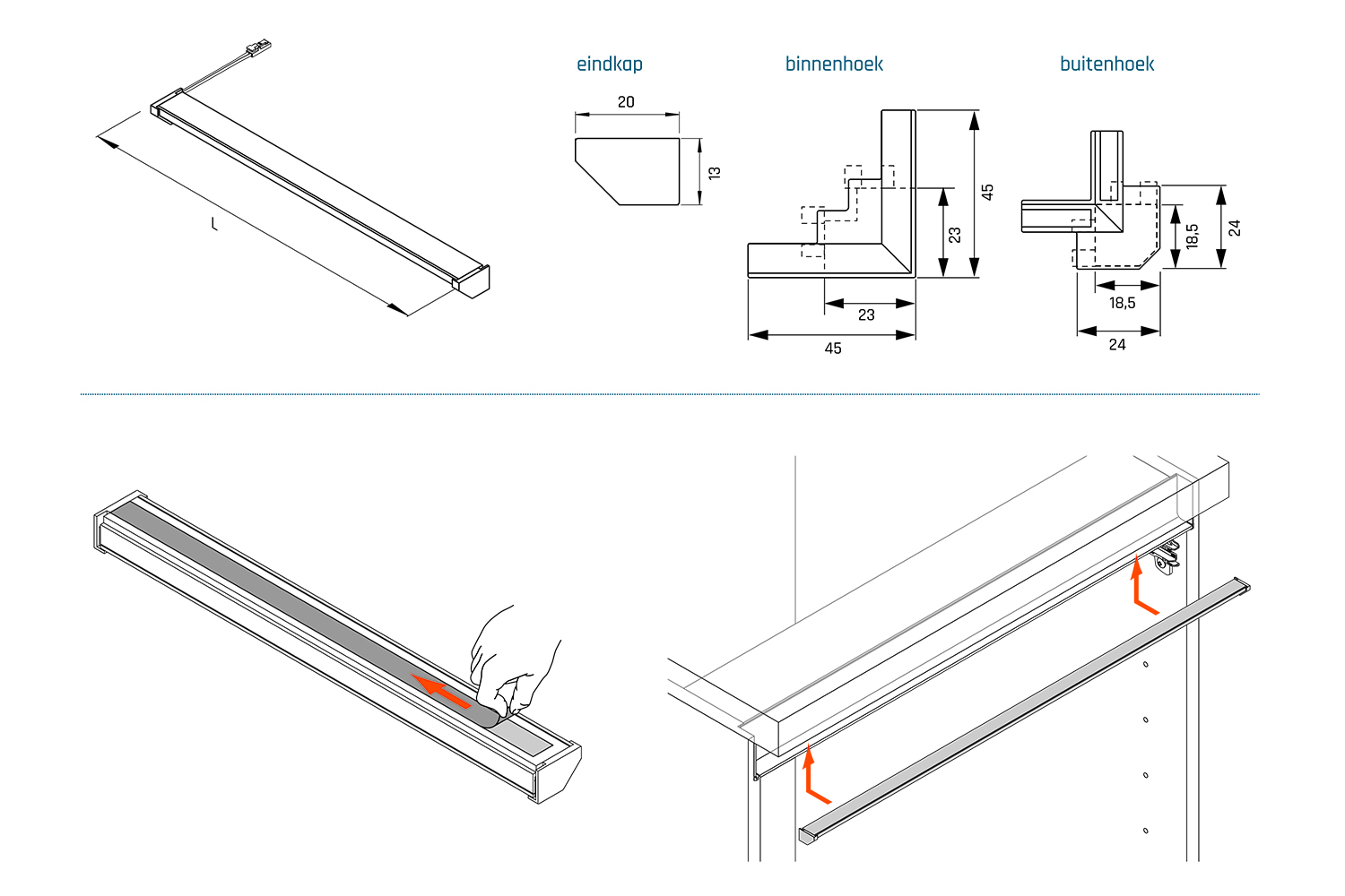 Buitenhoek voor led opbouw profiel - nubio - rvs look