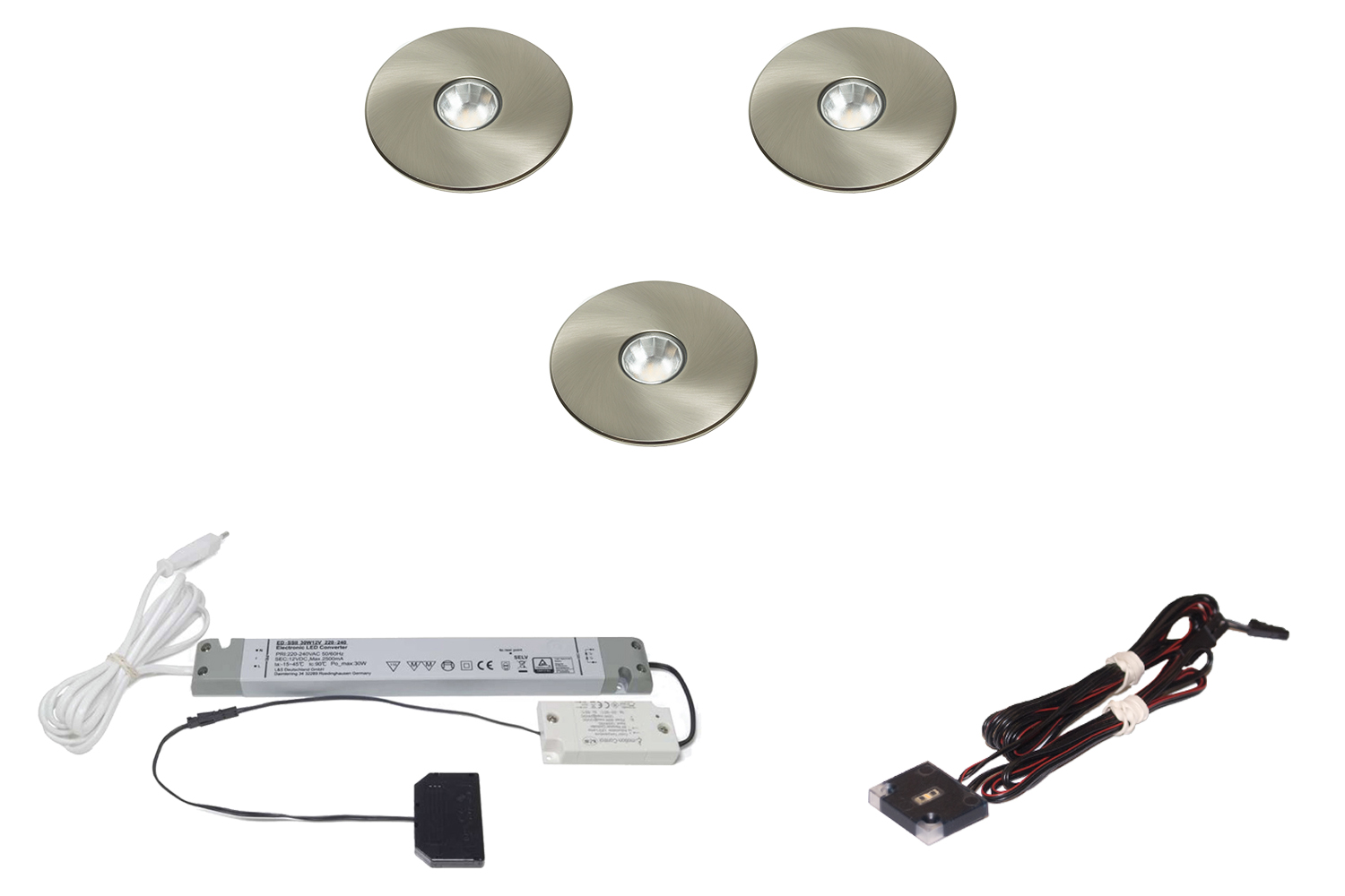 Led inbouw spot - set van 3 - superlight - 2700-6500k - Ø58mm - rvs-look - 2,9w - 12v - incl. 30W trafo - touch opbouwdimmer