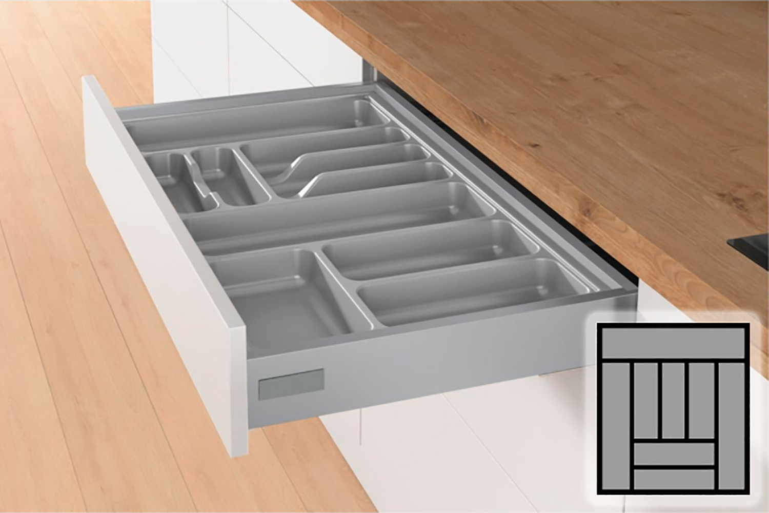 Zilvergrijze Hettich Orgatray bestekbak - 501-600mm breed - 581-620mm diep