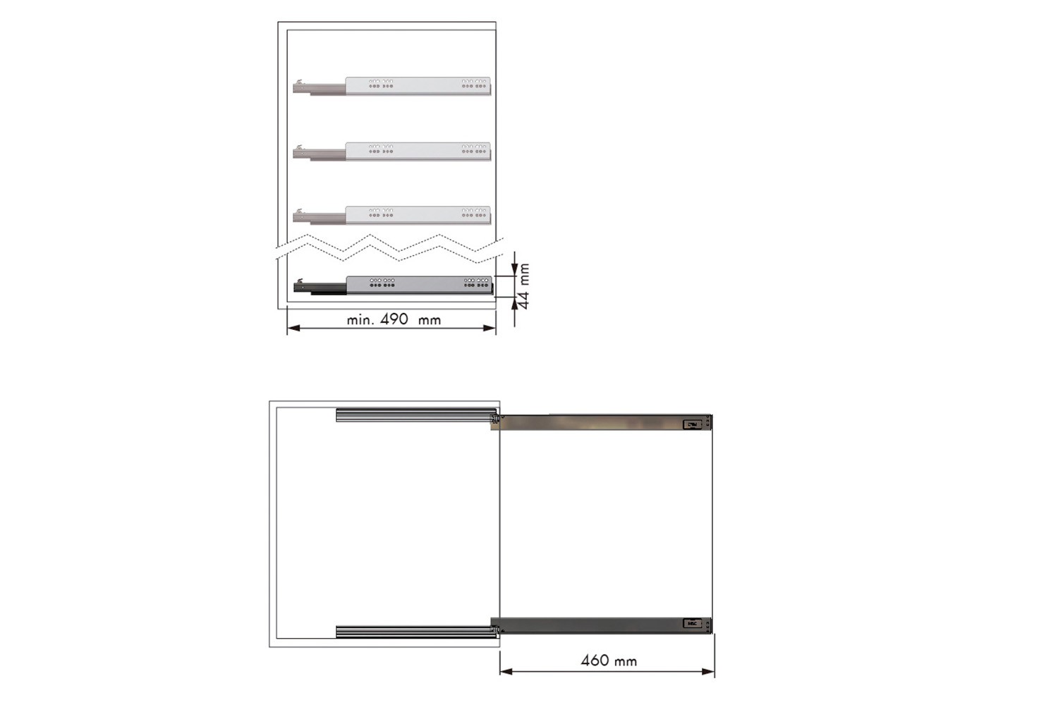 Set voor uittrekbaar schap - met softclosing - montage: tweezijdig opschroefbaar - d:477mm - plaat:16-19mm