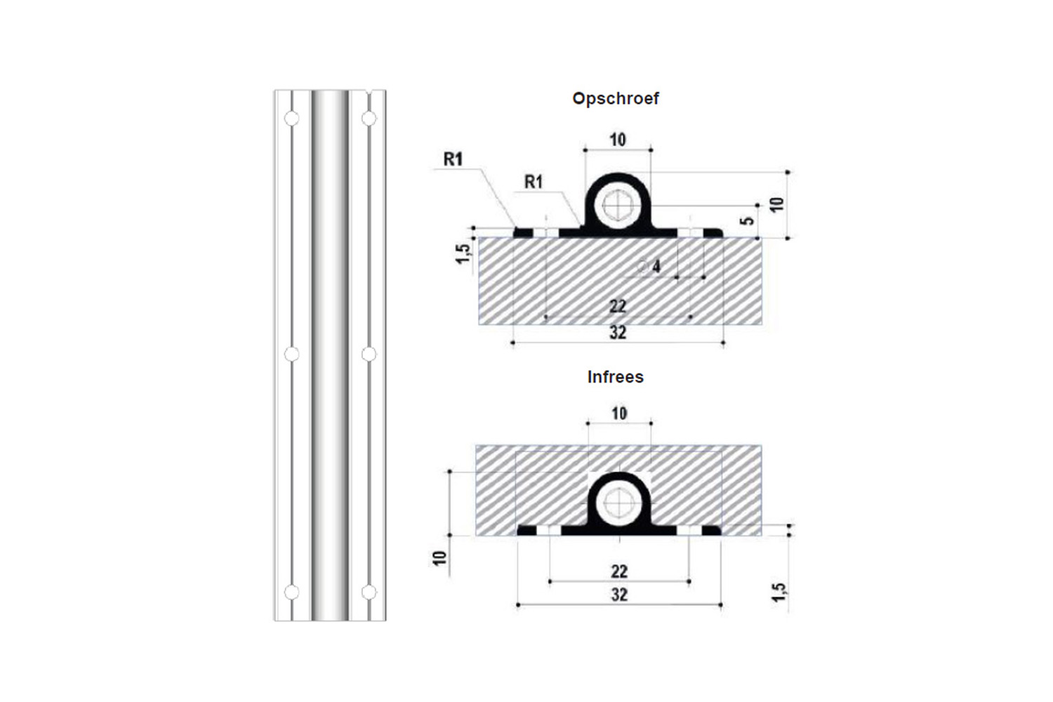 Deurspanbeslag - 2300-2000mm - aluminium - opschroefbaar en infreesbaar - inkortbaar