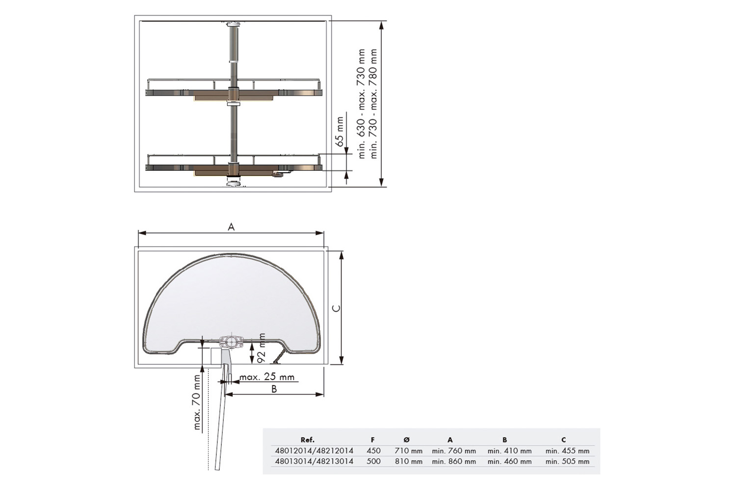 1/2 rond zwenkplateau - 500mm - melamine/chroom