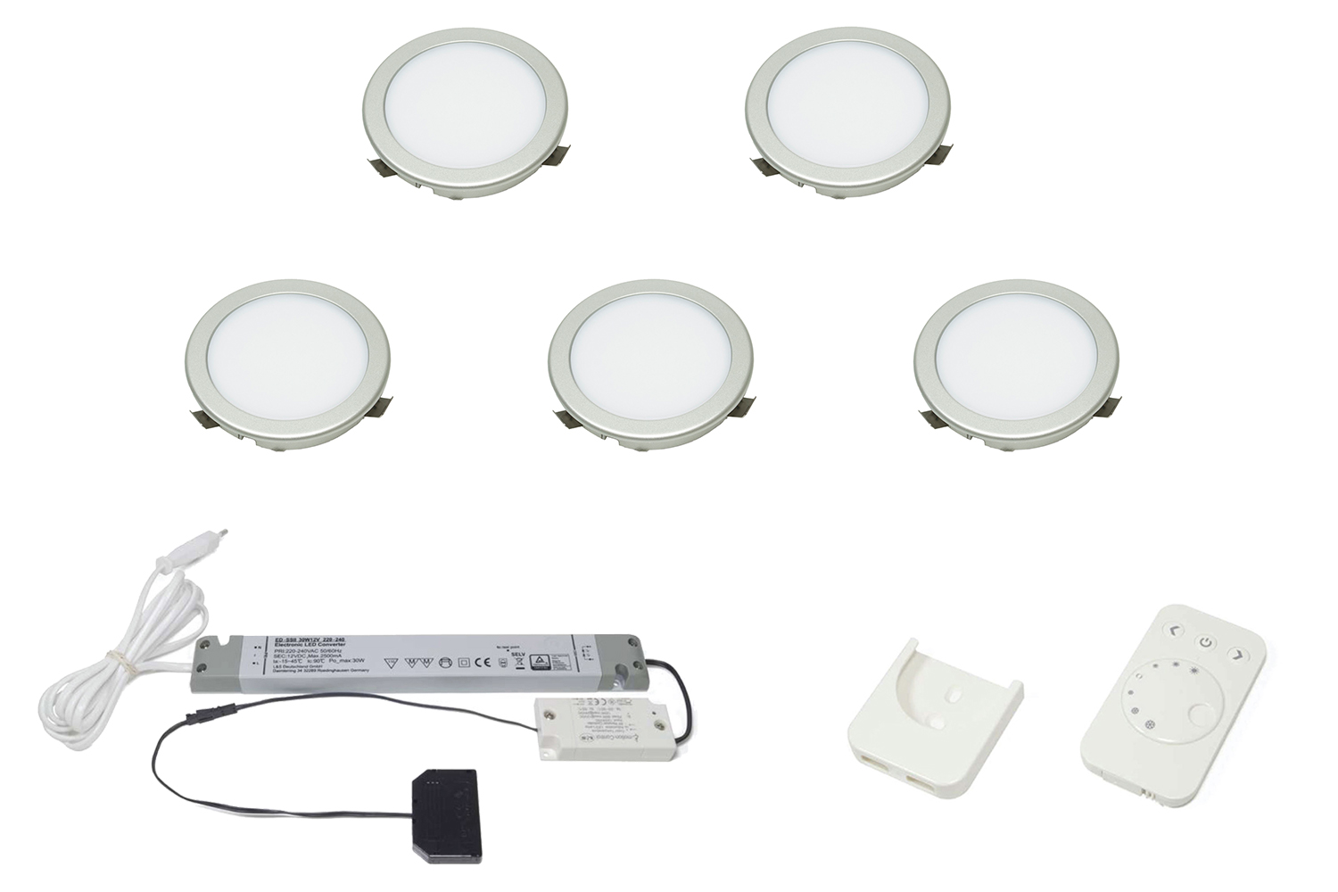 Led inbouw spot - moonlight emotion - set van 5 - 3000-6000k - Ø68mm - rvs-look - 3,6w - 12v - incl. 30w trafo - afstandsbediening wit