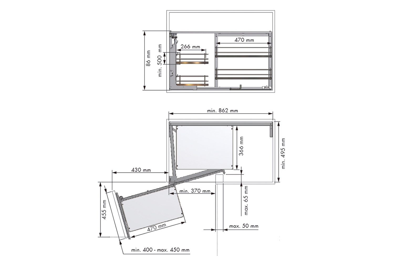 Moving corner - met plateaus - links - melamine/chroom