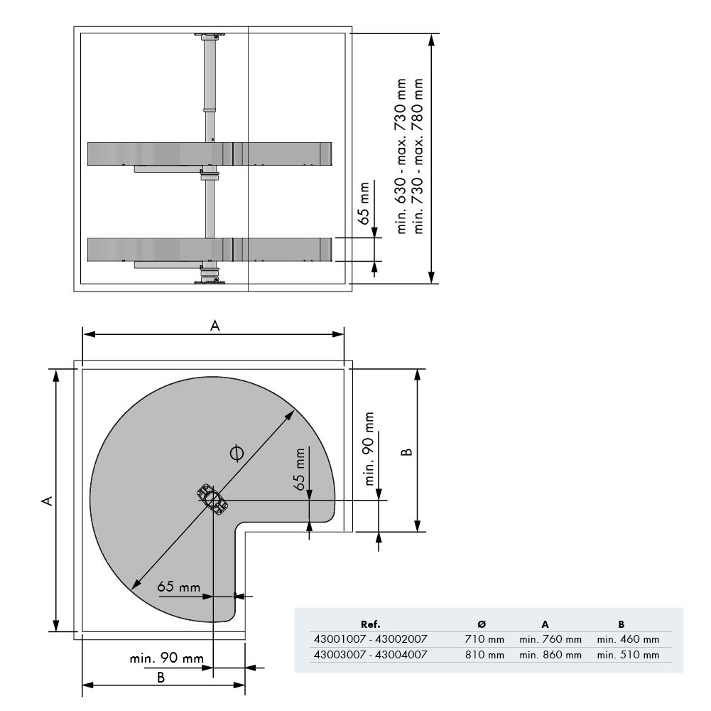 Nova flat draaicarrousel set - 3/4 rond - voor scharnierende deur - antraciet - Ø710mm - h: 630-730mm