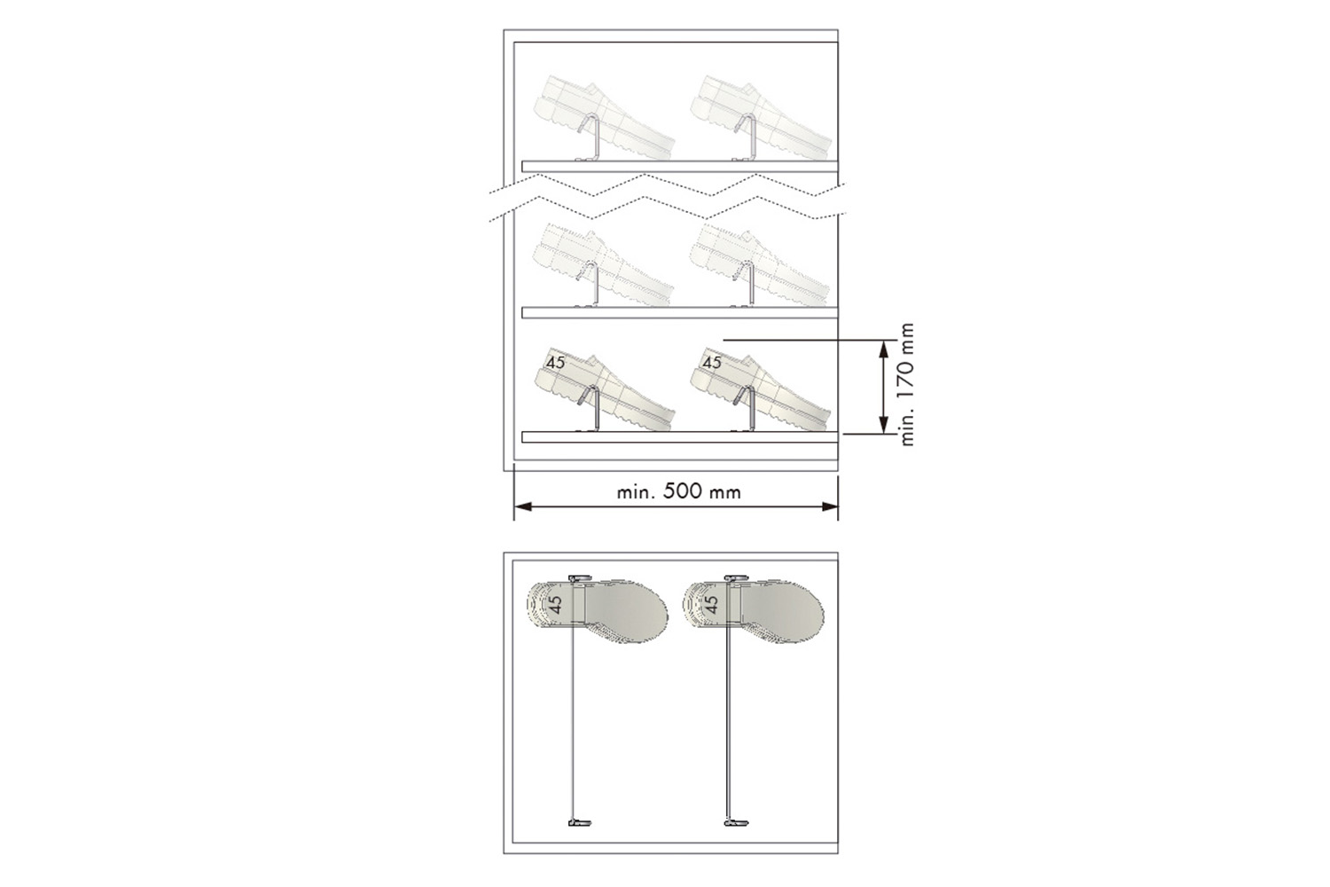 Schoenenrek - basic - montage: tweezijdig opschroefbaar - b:530mm - d:40mm - h:100mm