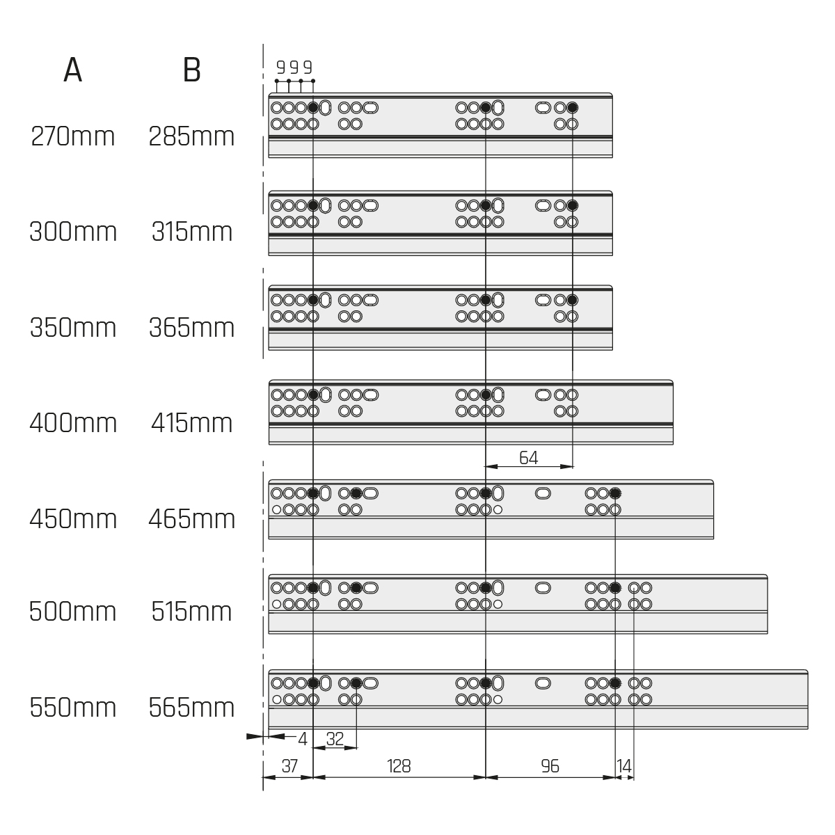 Set europush 3d geleiders (li/re) - 270mm - tot 18mm wanddikte - volledig uittrekbaar - push