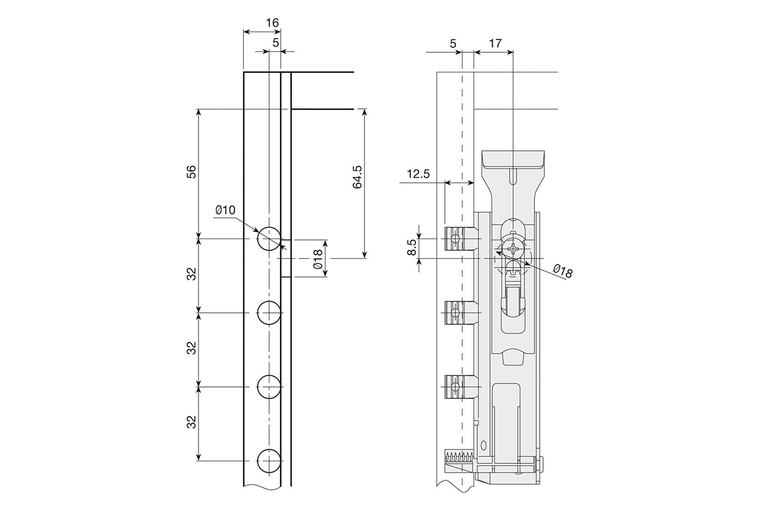 Kastophanger - traser 6 rapid - anti-tilt - met vaste duvels en onzichtbare snelmontage tandklip - rechts - 65kg