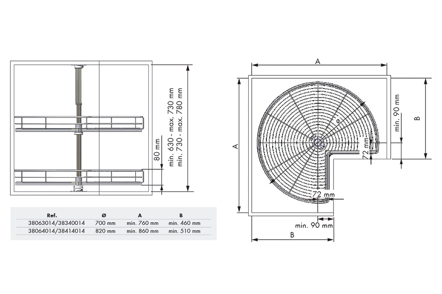 Draaicarrousel 3/4 rond met chromen draadmanden - Ø700mm