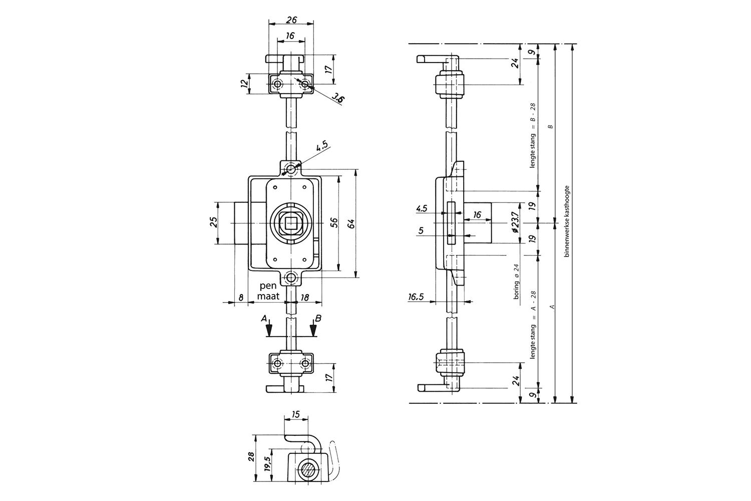 Espagnoletslot - voor draaiknop - links, rechts - penmaat: 15mm (excl. knop en toebehoren)