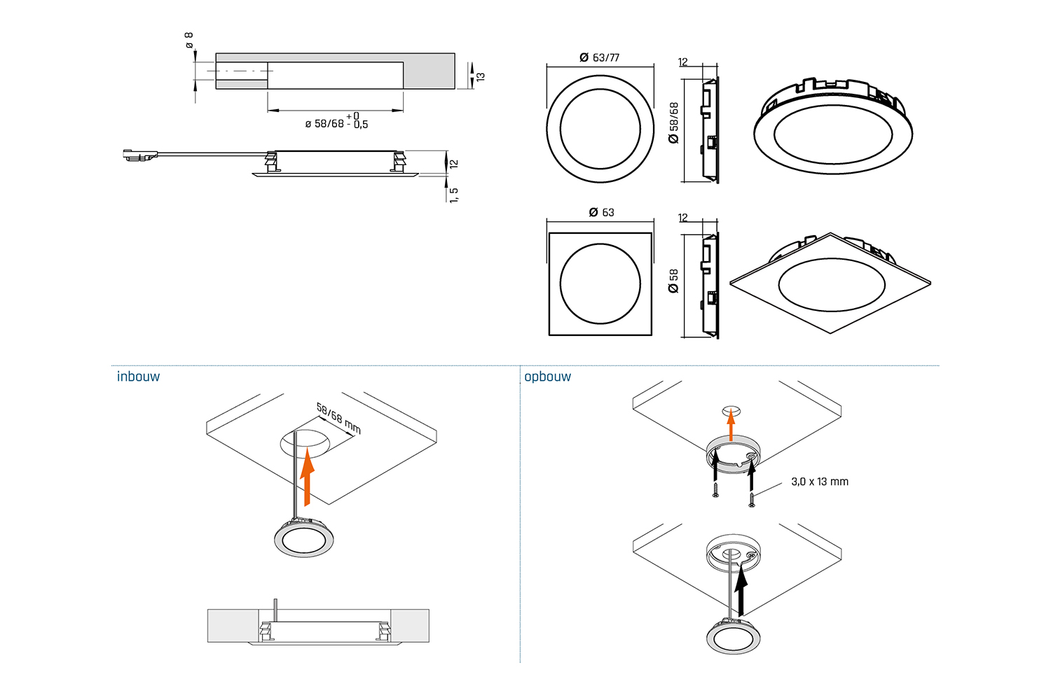 Led inbouw spot - moonlight emotion - set van 2 - 3000-6000k - Ø58mm - rvs-look - 3,2w - 12v - incl. 30w trafo - touch opbouwdimmer