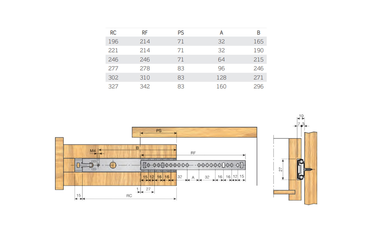 Set ka27 geleiders - 400mm - gedeeltelijk uittrekbaar met 71mm uittrekverlies - zijwandmontage