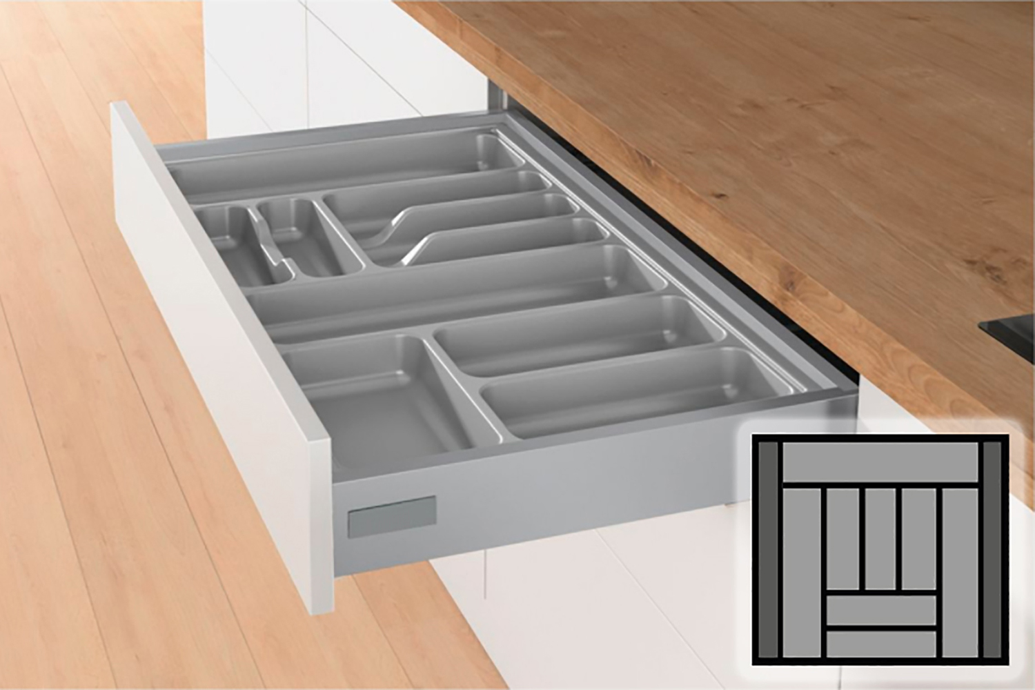 Zilvergrijze Hettich Orgatray bestekbak - 601-700mm breed - 581-620mm diep