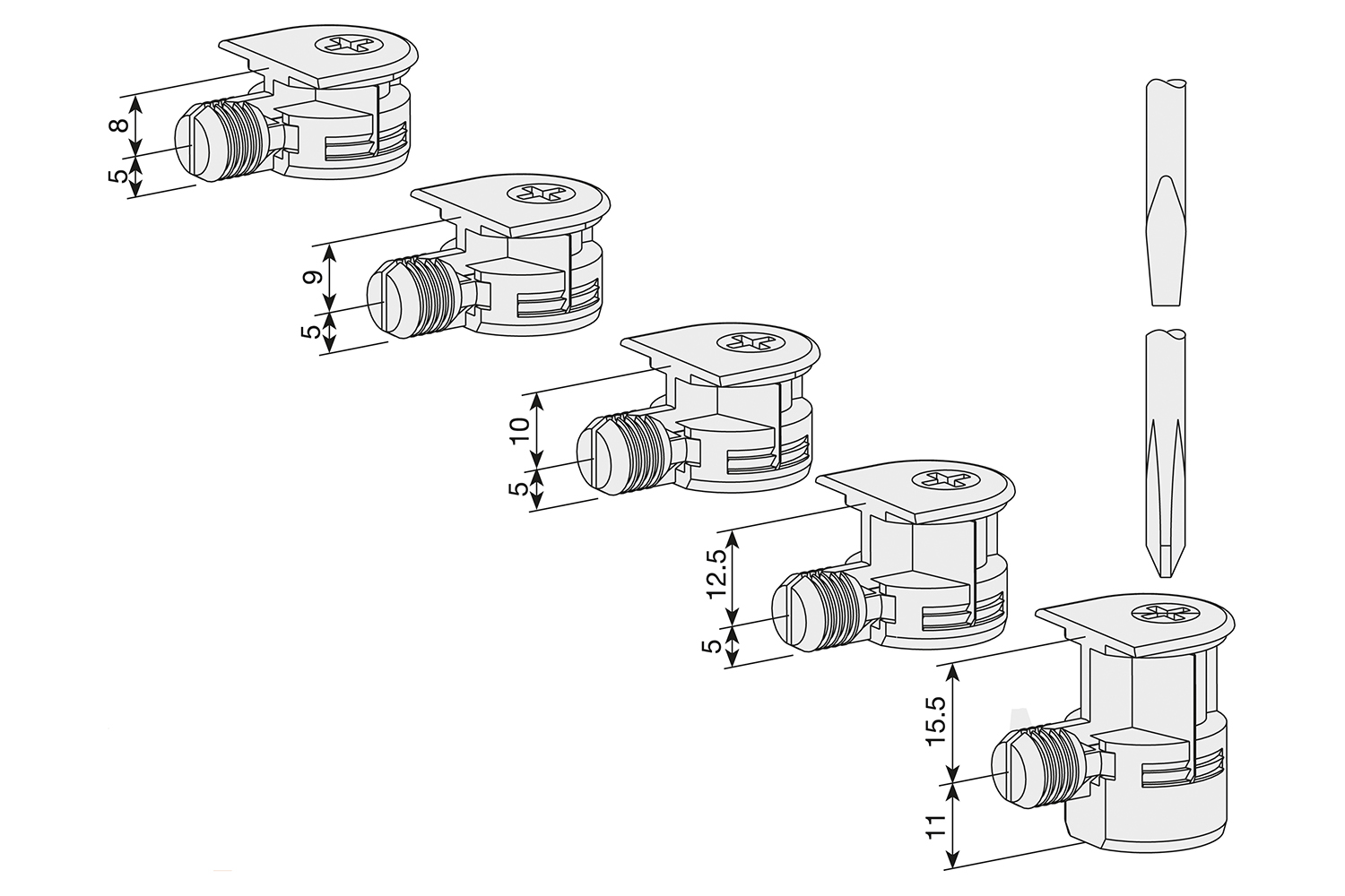 Clock 6 Ø20mm - excentrische verbinder - zamak - met vaste expandduvel - Ø20x8mm - vernikkeld