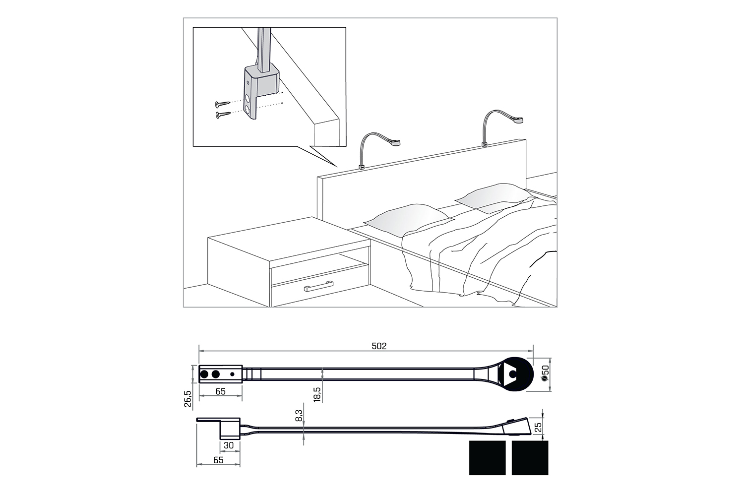 Flexi-r - set van 2 led bedlampjes met USB - mat zwart