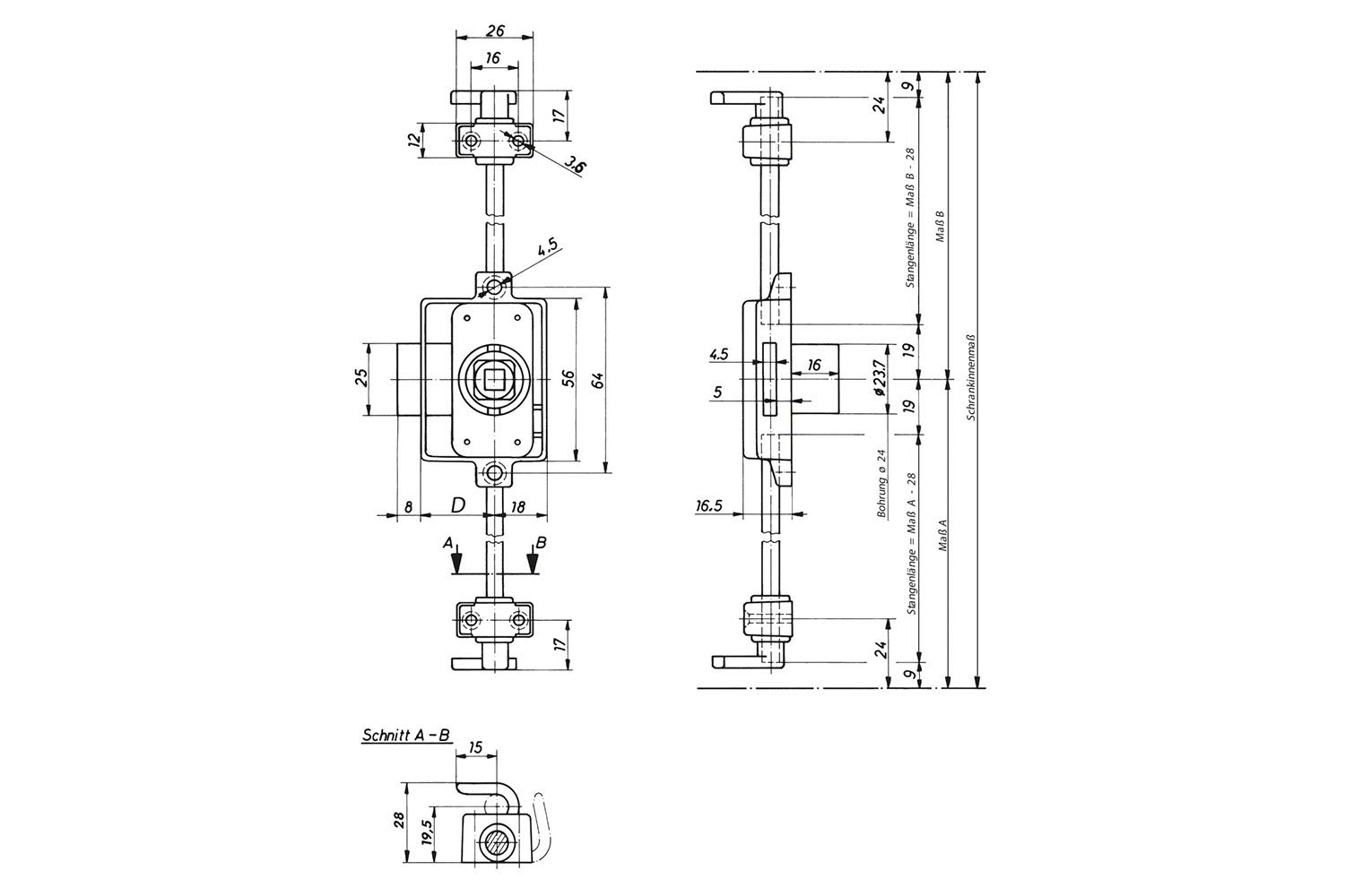 Espagnoletslot - voor draaiknop - links, rechts - penmaat: 20mm (excl. knop en toebehoren)