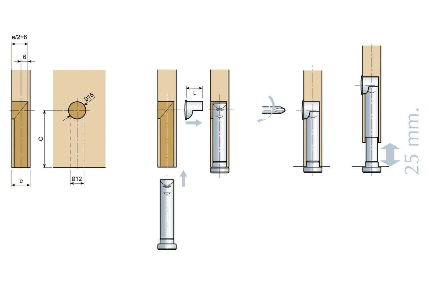 Stelvoet - inter - inboor - 70mm - traploos +25mm - voor montage in 16/19mm plaatmateriaal